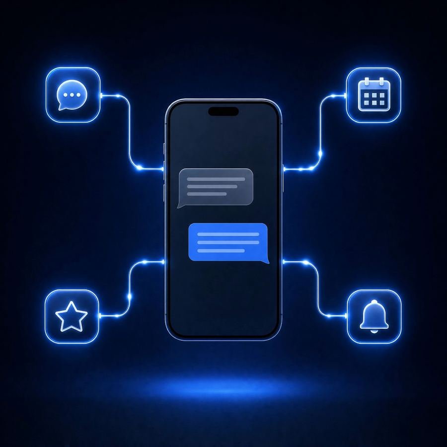 Celular conectado a mensajes, calendario, reseñas y recordatorios